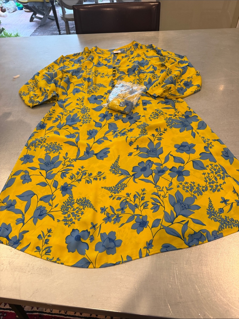 CAbi Lemon Drop Dress 5794 Yellow Blue Floral Size Small Belted
